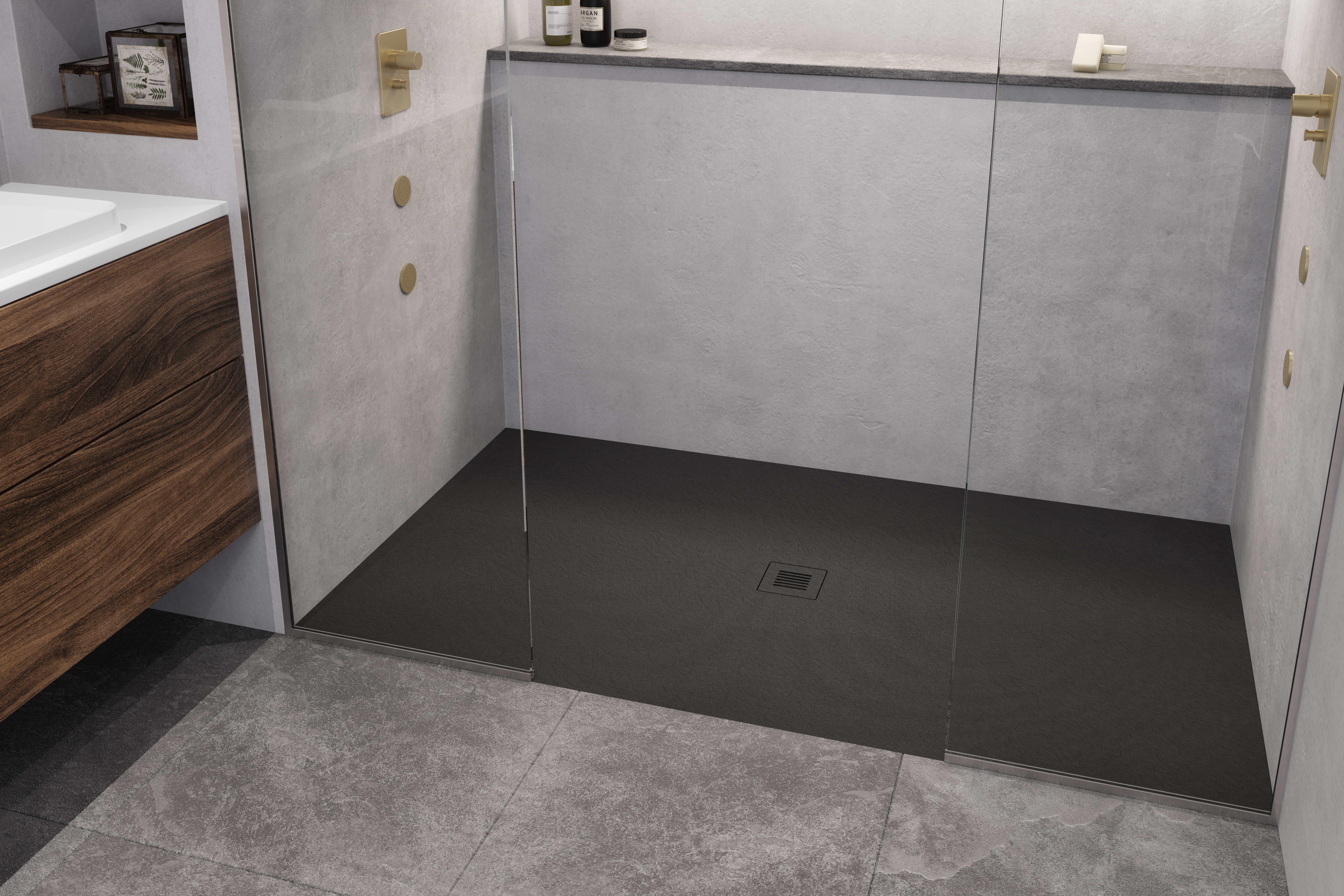 zs_wetstyle_Feel_scene_3_vue2_v2_RGB Shower bases in concrete black, eco friendly, non slip